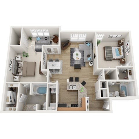 Floor plan for 2 beds, 2 baths, 1045 sqft